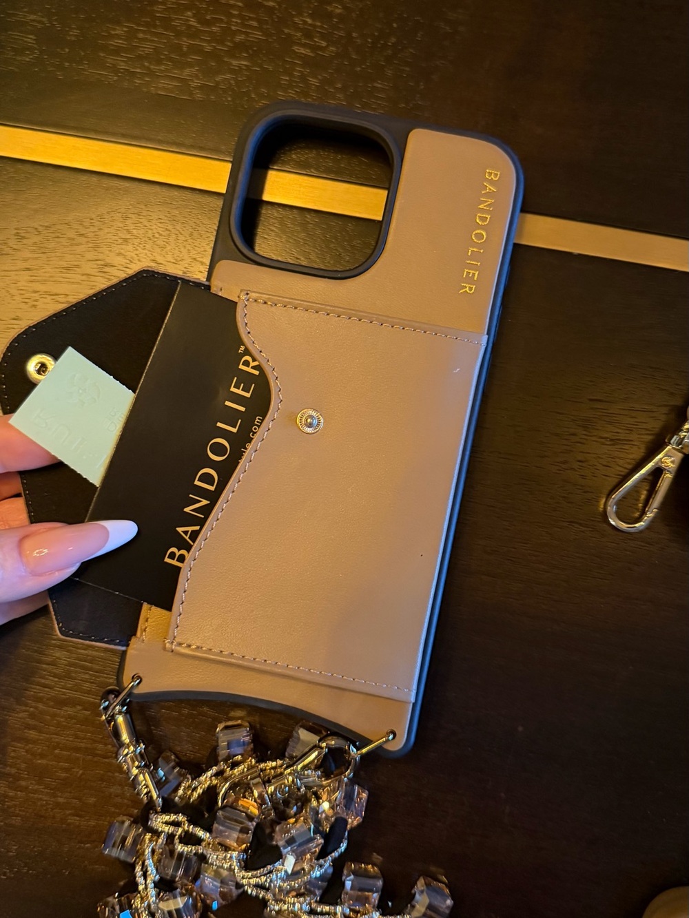 Bandolier Tan Crystal Phone Crossbody Set with Gold Chain Accents & AirPod Case - Picture 5 of 9